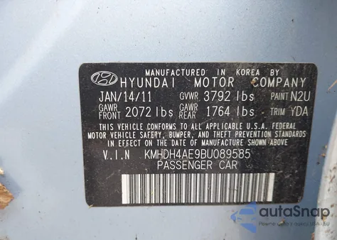 2011 Hyundai Elantra Gls (Ulsan Plant) из США, поврежденный, VIN KMHDH4AE9BU089585